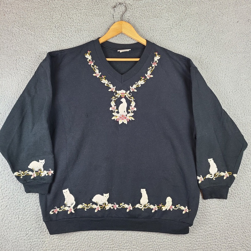 Vintage Spumoni Cats Sweatshirt Womens Large Black Cats Kittens Mice Granny 80s